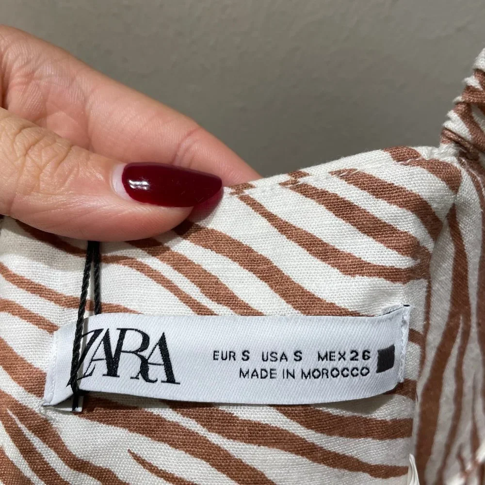 NWT Zara White Brown Zebra Print Linen Blend Structured Crop Top Small - Picture 4 of 4